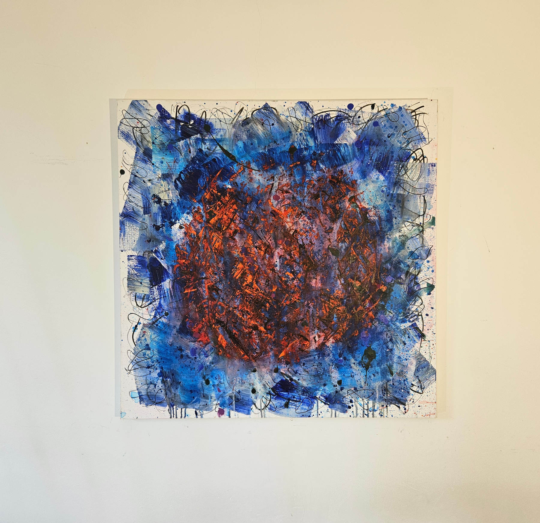 Abstract Big Bang in red on a blue background, acrylic painting on canvas, 100x100 cm. - Image 2