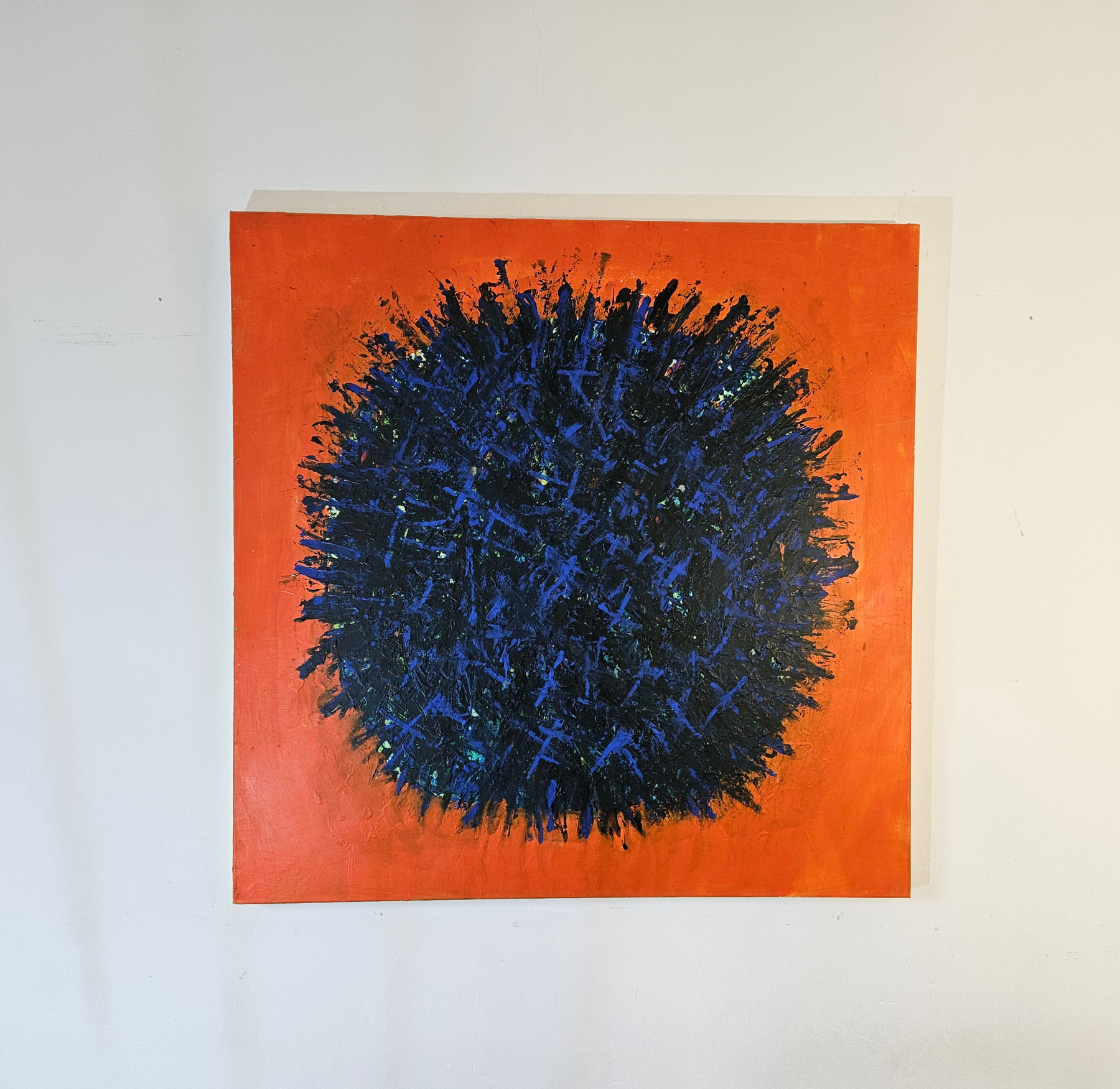 Abstract blue Big Bang on orange background, acrylic on canvas, 100x100cm - Image 2
