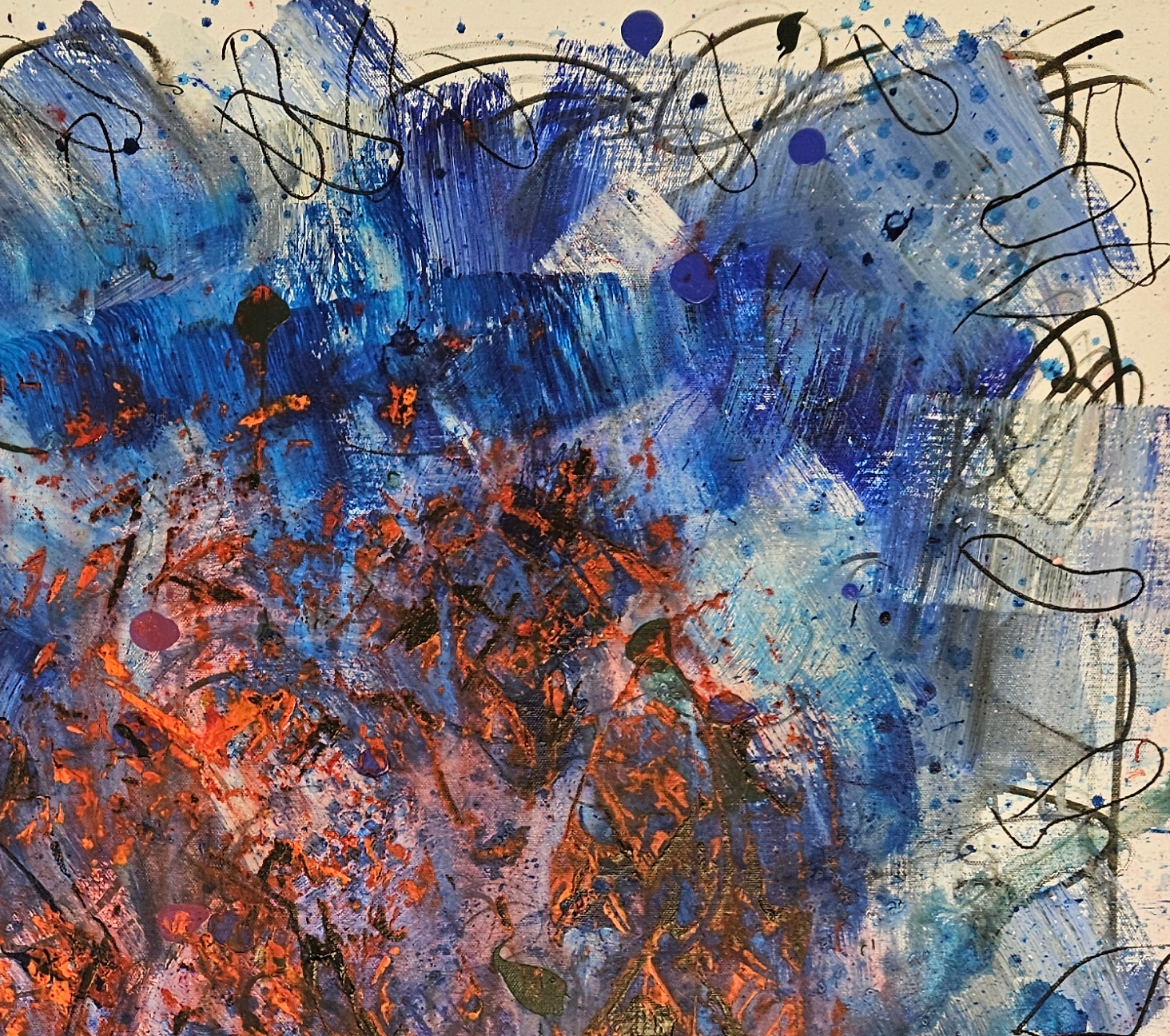 Abstract Big Bang in red on a blue background, acrylic painting on canvas, 100x100 cm. - Image 3