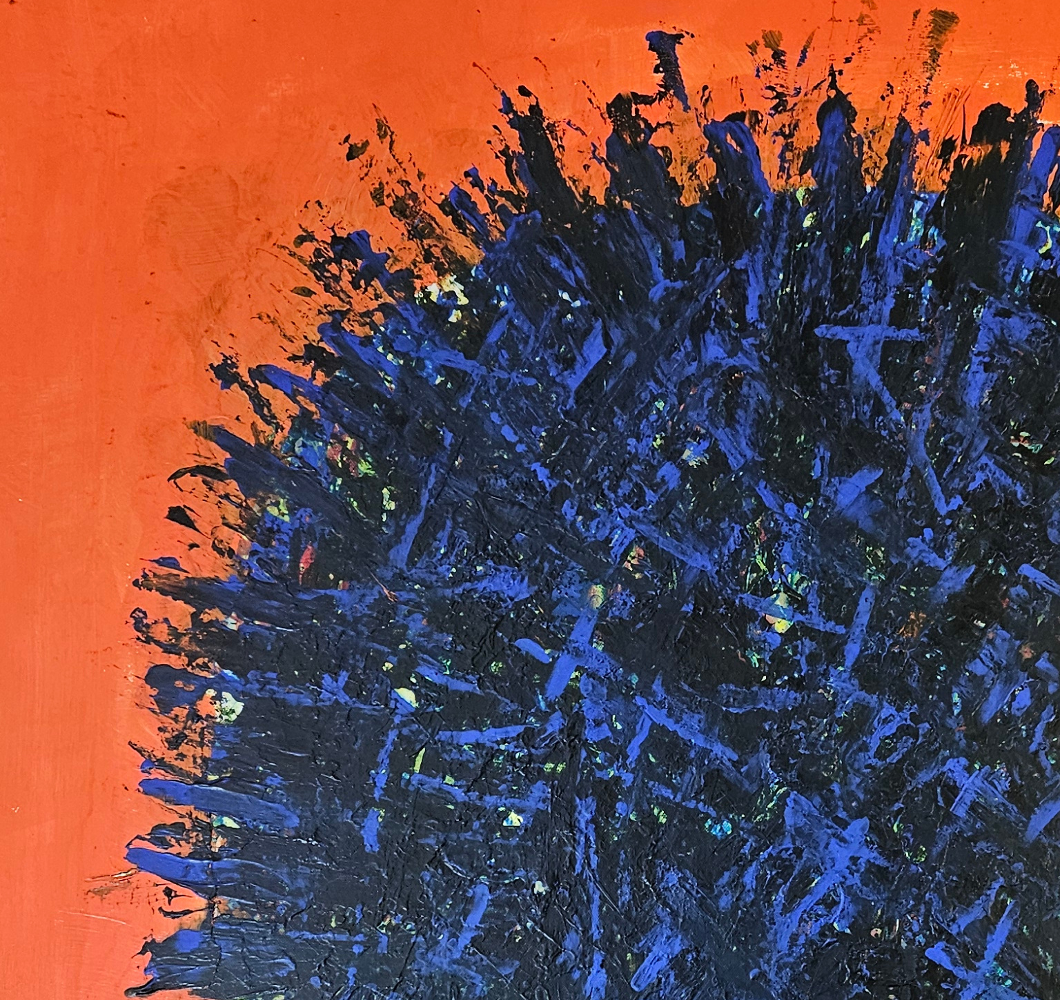 Abstract blue Big Bang on orange background, acrylic on canvas, 100x100cm - Image 3