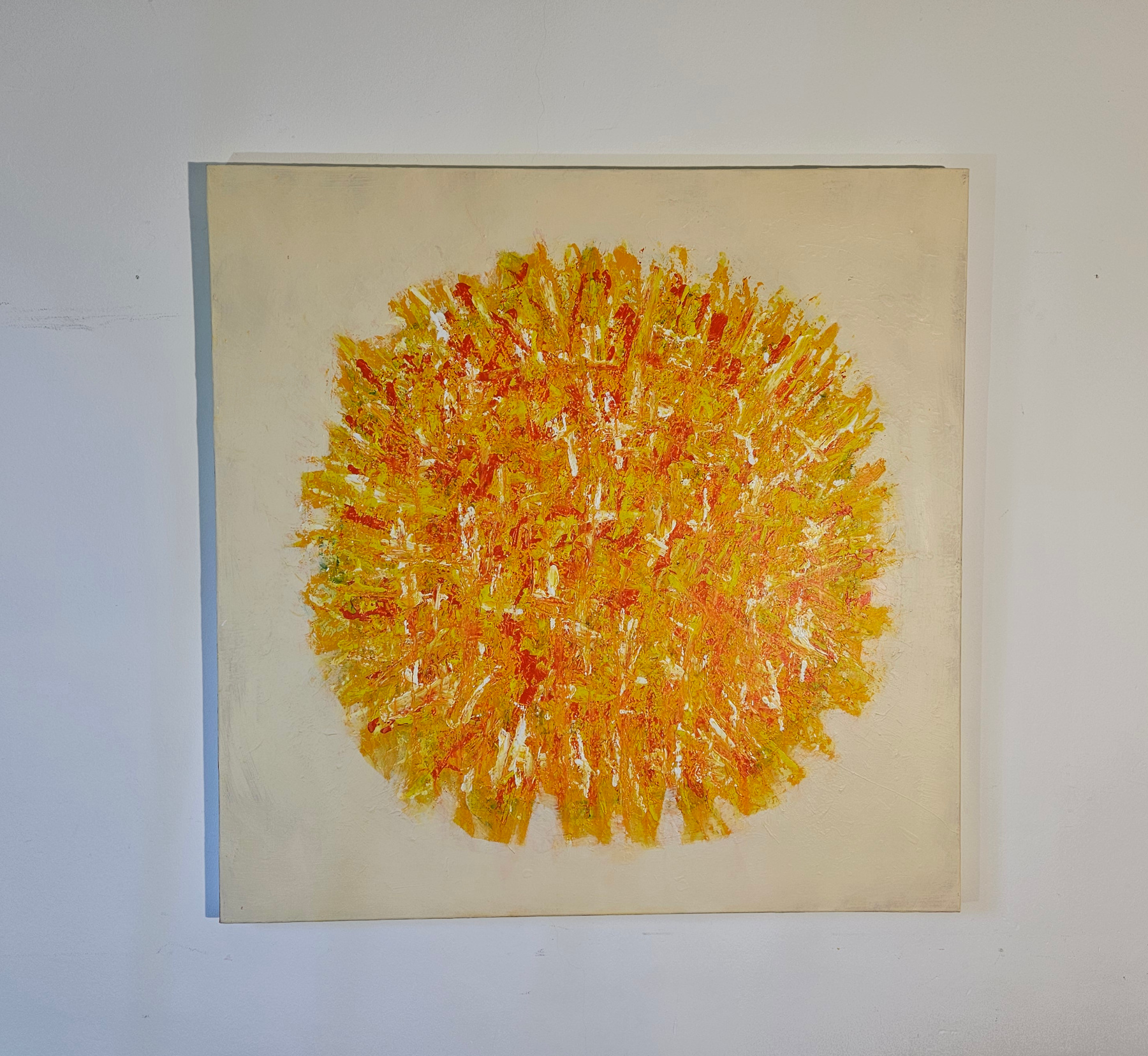 Abstract orange Big Bang on ivory background, acrylic on canvas, 100x100cm - Image 2