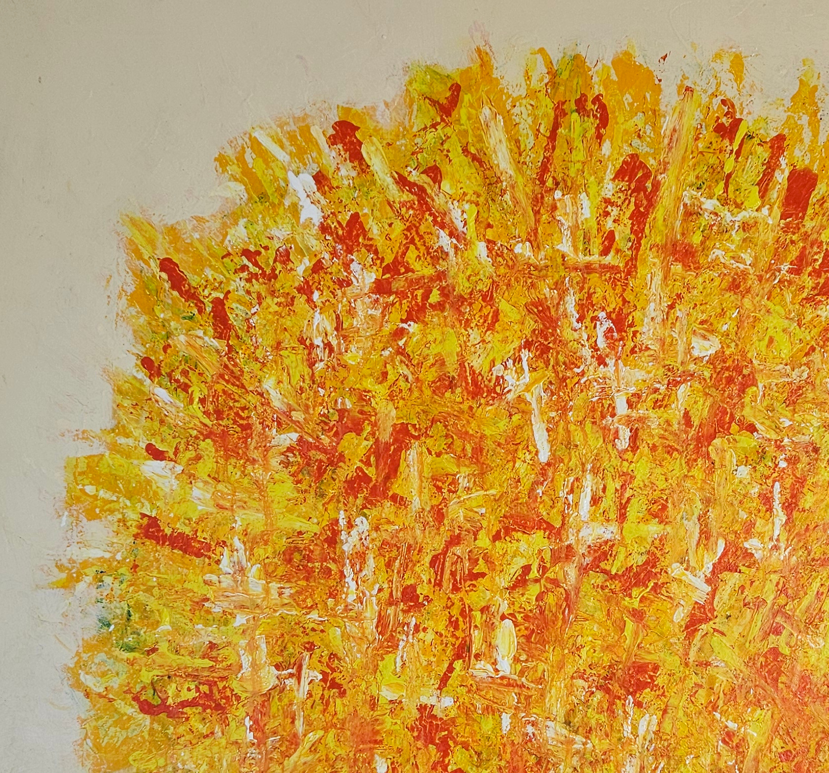 Abstract orange Big Bang on ivory background, acrylic on canvas, 100x100cm - Image 3