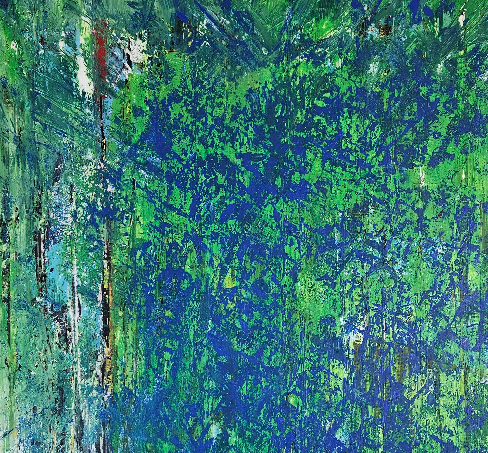 Abstraction in blue and green, acrylic painting on canvas, 100x100 cm. - Image 3