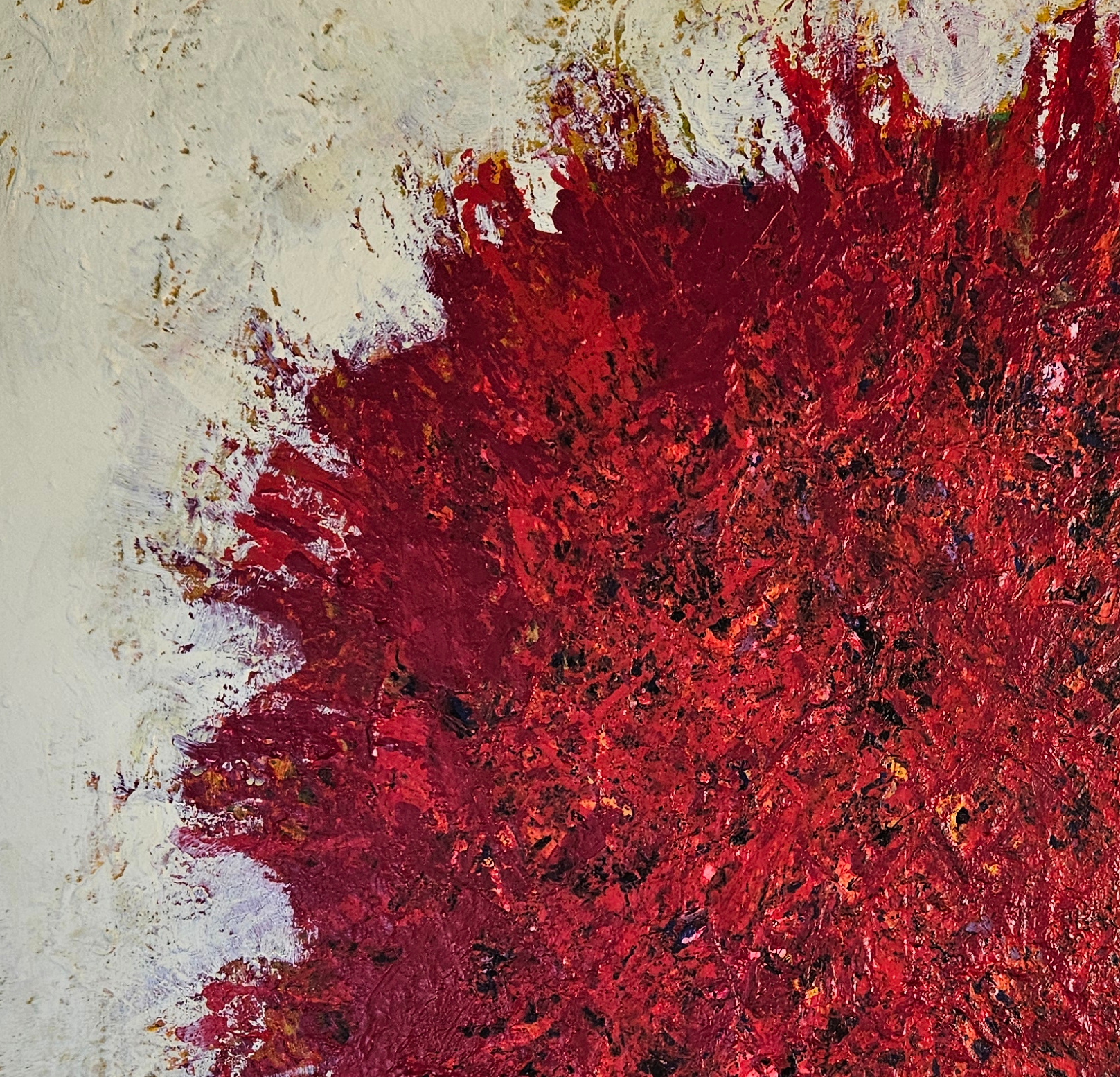 Abstract red Big Bang on ivory background, acrylic on canvas, 100x100cm - Image 3