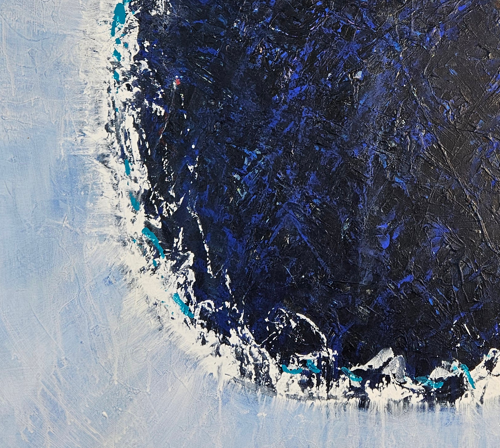 Abstract dark blue Big Bang on light blue background, acrylic on canvas, 100x100cm - Image 3