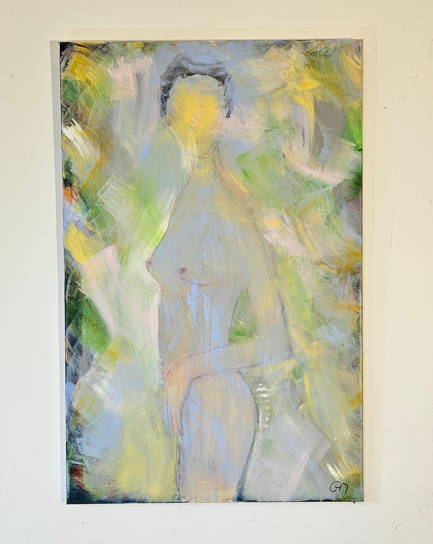 Nude woman in blue on a green background, acrylic painting on canvas, 100x65cm. - Image 2