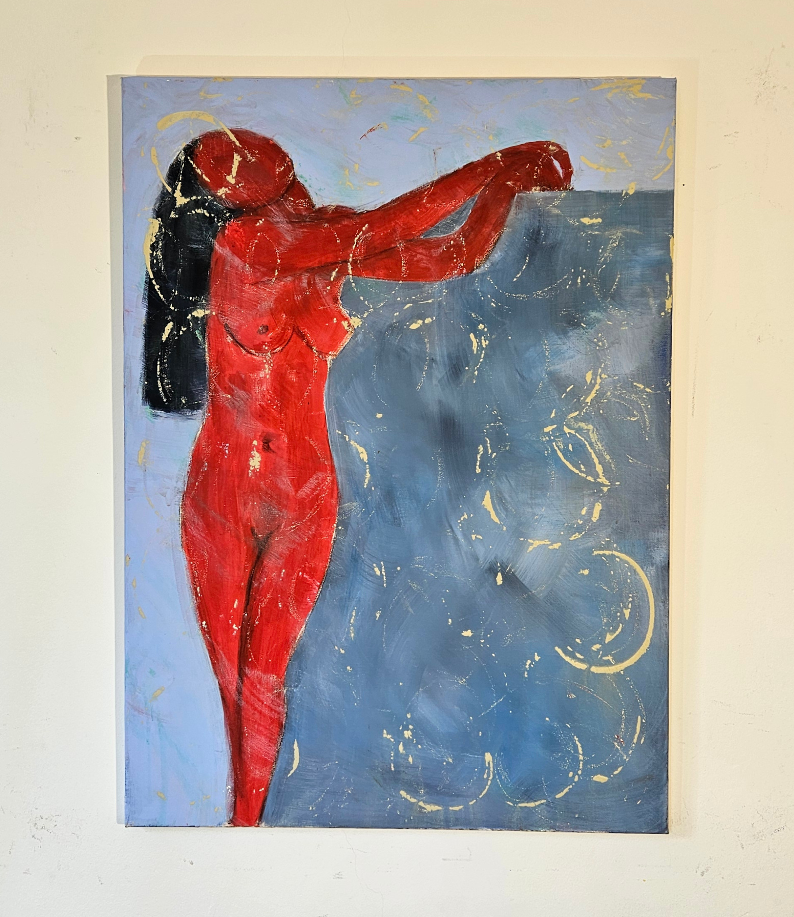 Woman in red leaning, acrylic painting on canvas, 100x73cm. - Image 2