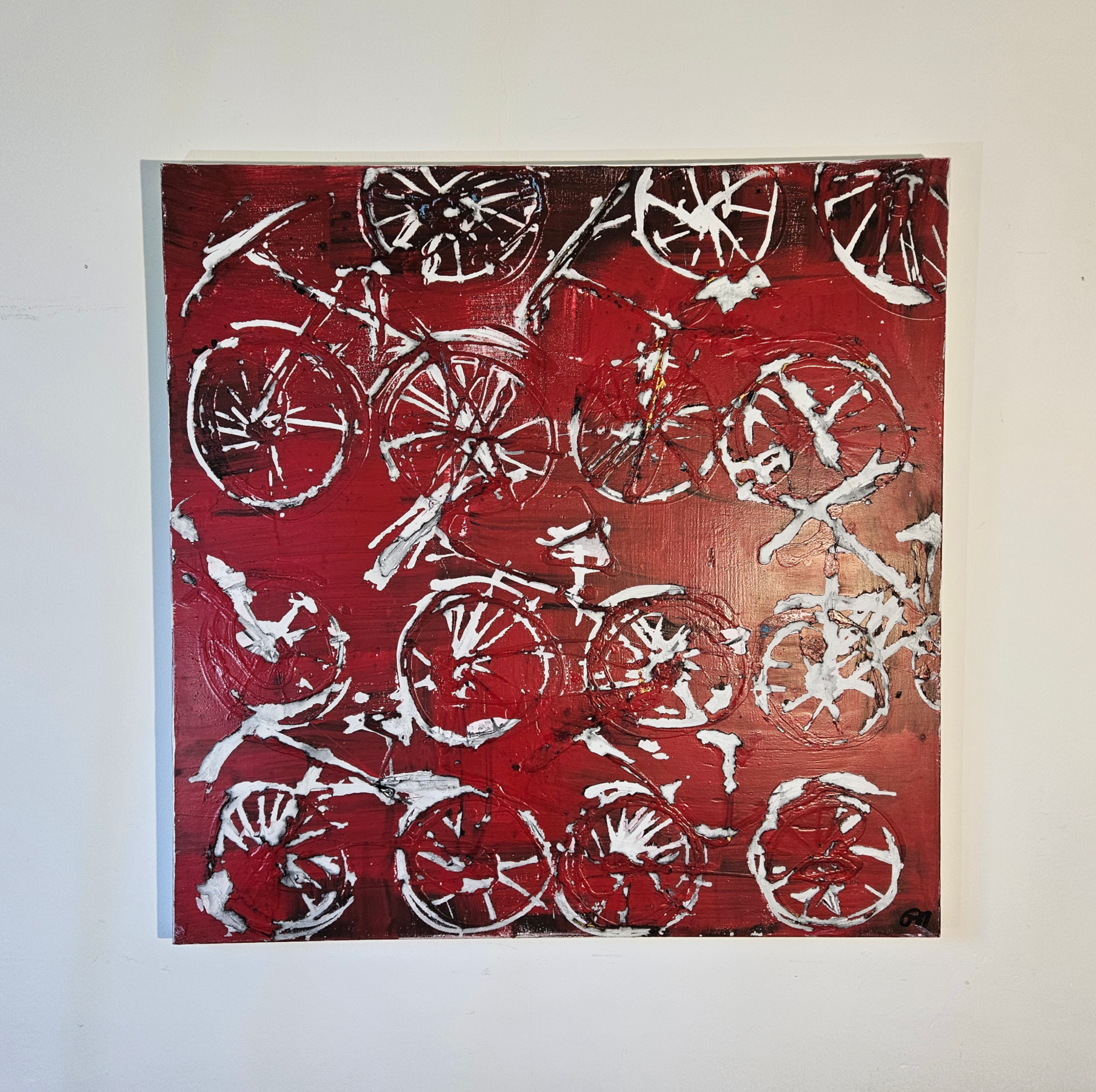 Bicycles, white bicycles on a red background, modern acrylic painting on canvas, 100x100 cm. - Image 2