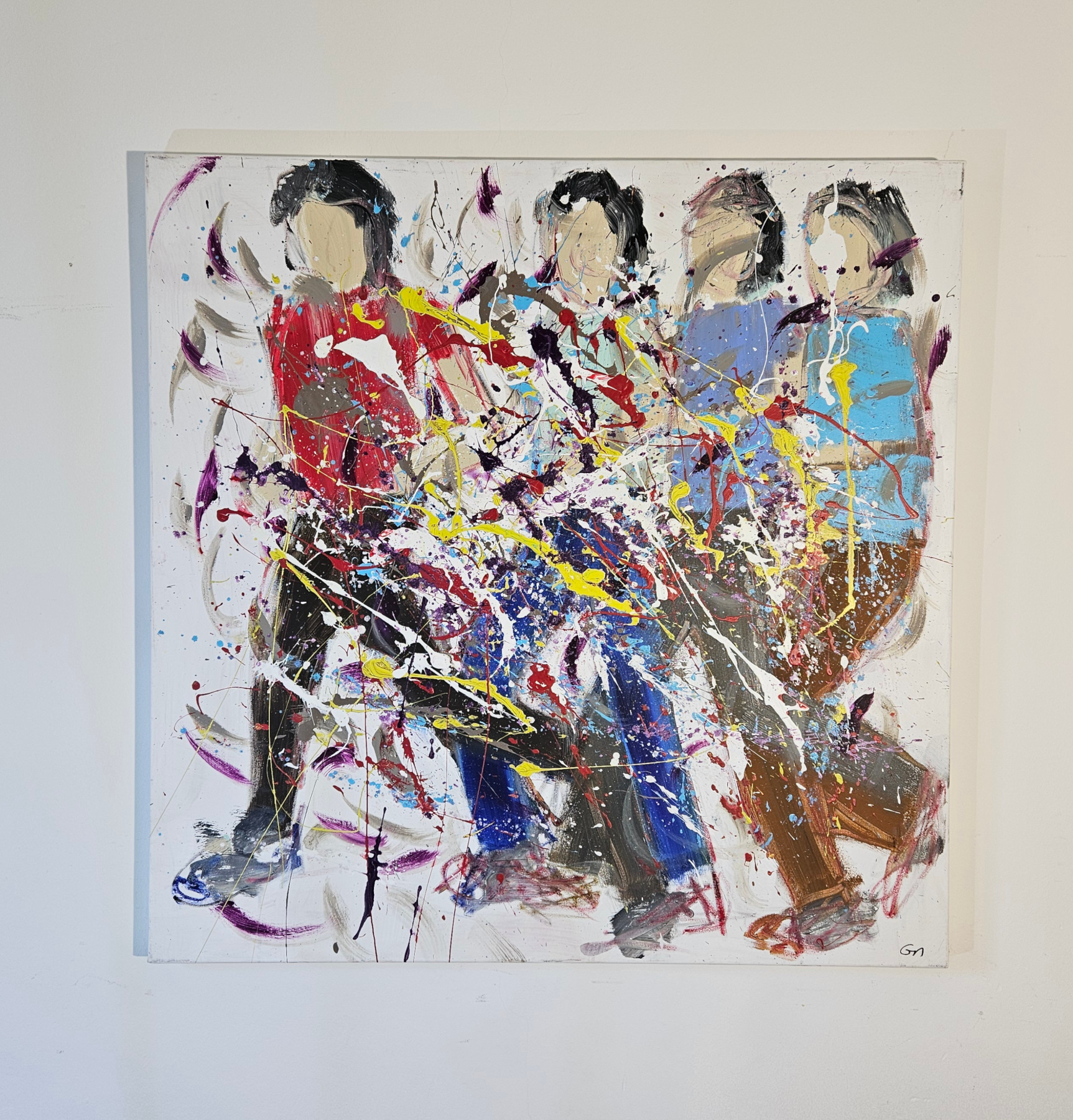 Men running, joggers in action, modern acrylic painting on canvas, 100x100 cm. - Image 2