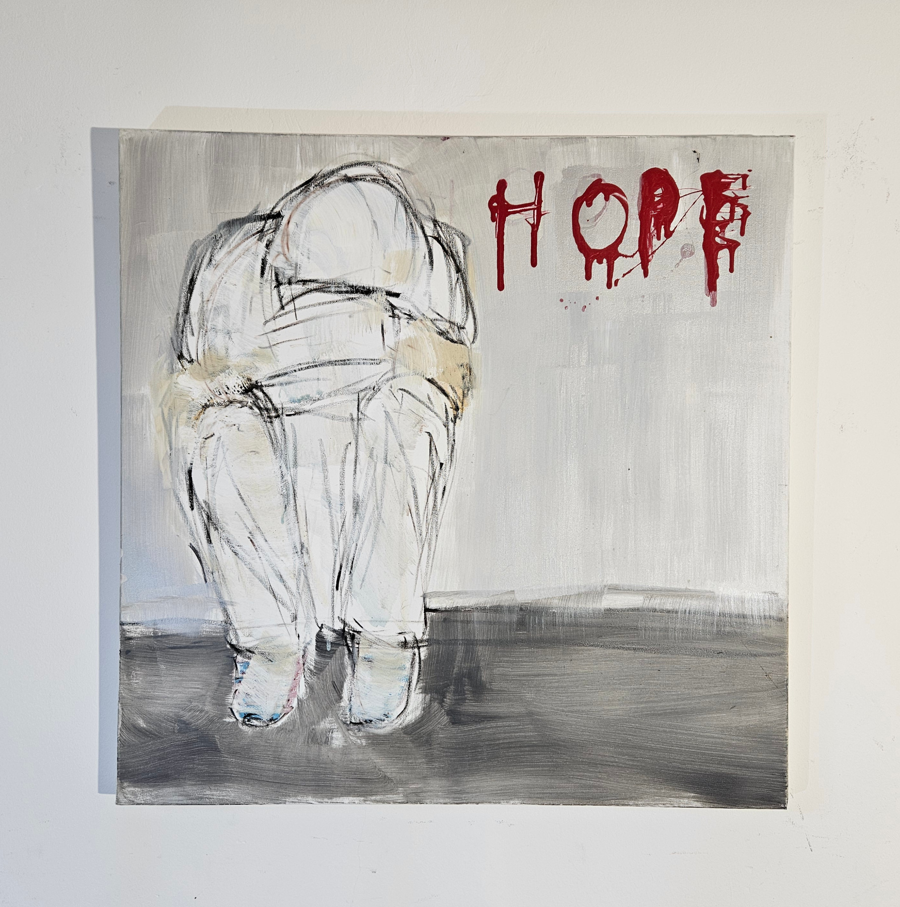 Portrait of a Homeless Man Without Hope — Acrylic Painting on Canvas, 80x80 cm - Image 2