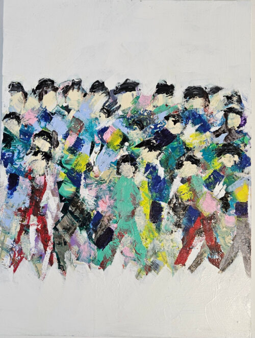 Foule, hommes qui marchent bleu vert rouge peinture acrylique sur toile 60x80cm