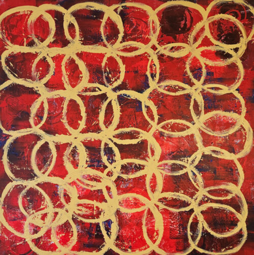 Abstraction in beige and red, acrylic on canvas, 100x100 cm.