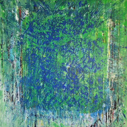 Abstraction in blue and green, acrylic painting on canvas, 100x100 cm.