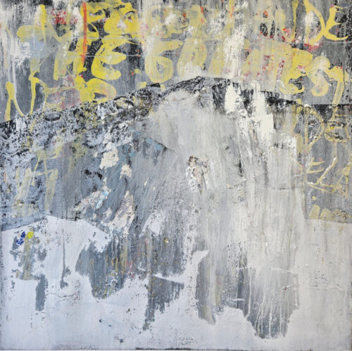 Yellow, black, and white street art, acrylic painting and collage on canvas, 100x100 cm.