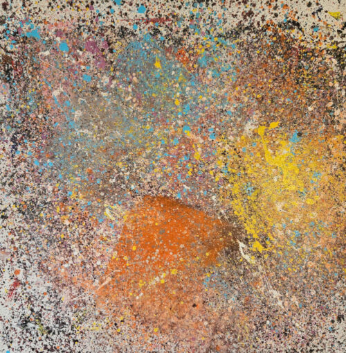 Abstraction in yellow, orange, and blue: acrylic on canvas, 100x100 cm.