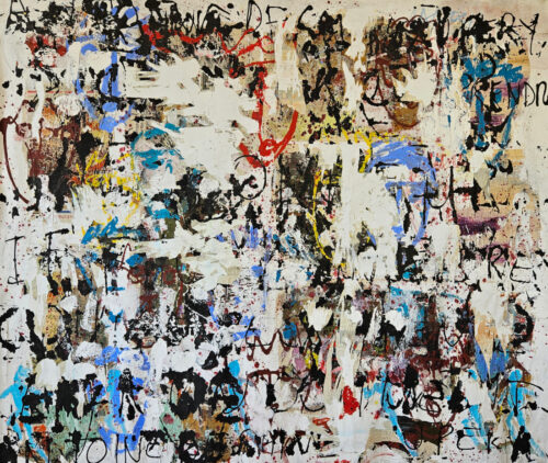 Multiple torn heads, acrylic painting and collage on canvas, 180x167 cm.