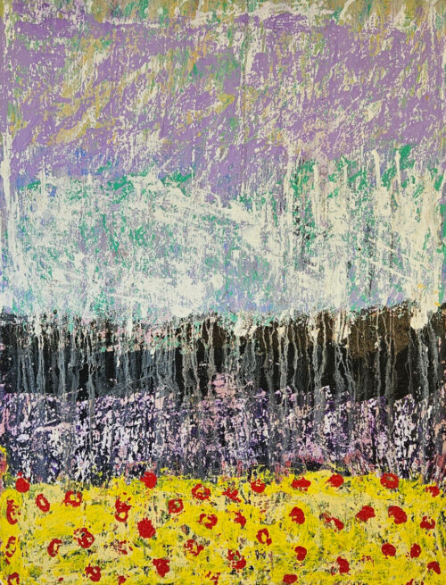 Landscape of poppy fields, abstract acrylic painting on canvas, 116x89 cm.