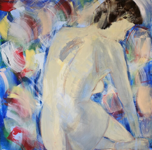 Woman on a multicolored background, acrylic painting on canvas, 100x100 cm.