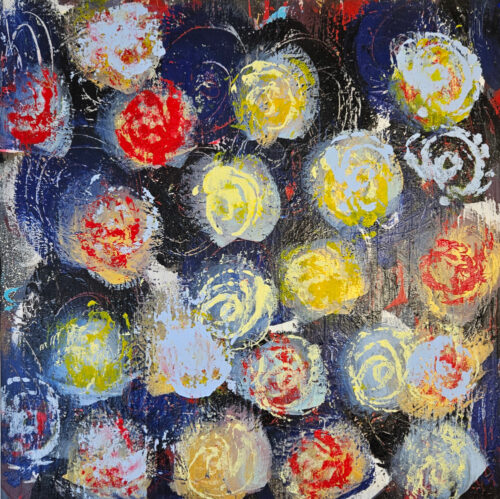 Blue, yellow, red, and green flower, acrylic painting on canvas, 100x100 cm.