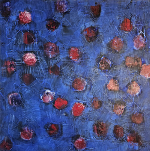 Red flowers on a blue background, acrylic painting on canvas, 100x100 cm.