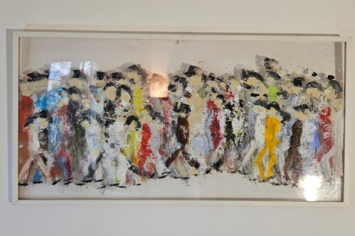 Crowd, men walking, figures, acrylic painting on plexiglass, 50x100 cm.