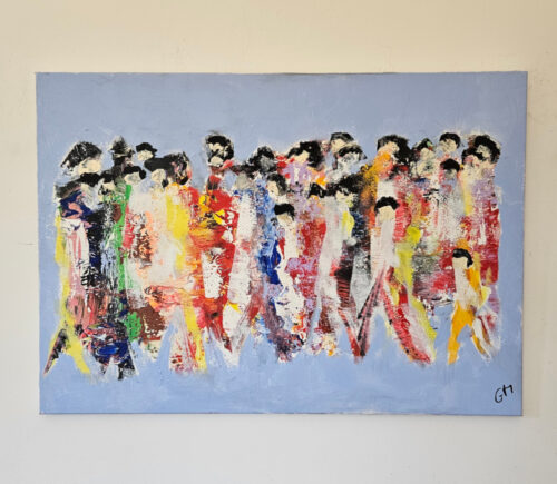Men walking, crowd on a light blue background, figures, acrylic painting on canvas, 50x100 cm.