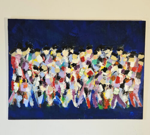 Men walking on a dark blue background, crowd, figures, acrylic painting on canvas, 73x100 cm.