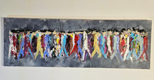 Men walking, crowd on a gray background: acrylic on canvas, 50x150 cm.