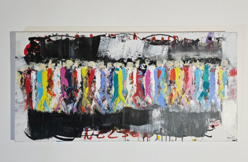 Men walking, crowd, figures on a black background 1, acrylic painting on canvas, 50x100 cm.