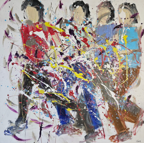 Men running, joggers in action, modern acrylic painting on canvas, 100x100 cm.