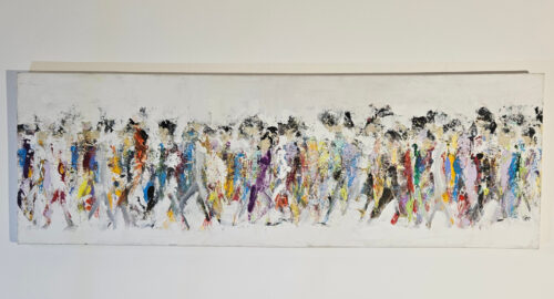 Men walking, crowd on a white background 1, acrylic painting on canvas, 50x150 cm.