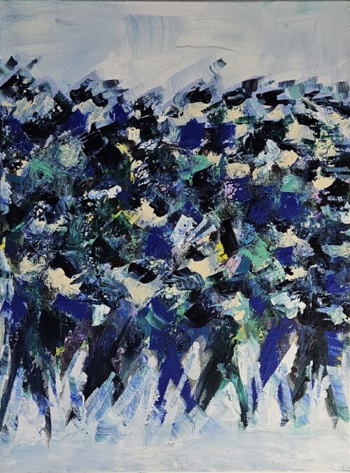 Crowd, men walking, figures in blue, yellow, and green, acrylic painting on canvas, 60x80 cm.