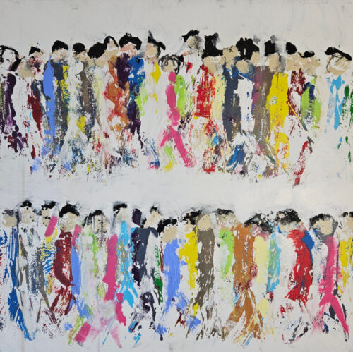 Crowd, men walking, figures in 2 rows, modern acrylic painting on canvas, 100x100 cm.