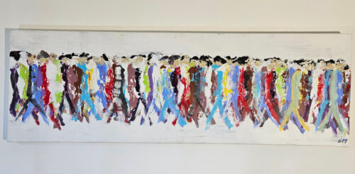 Men walking, figures, crowd on a white background 2, acrylic painting on canvas, 50x150 cm.
