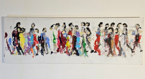 Men walking, crowd, figures on a white background 3, acrylic painting on canvas, 50x150 cm.