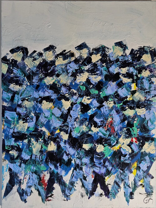 Crowd, men walking, blue figures, acrylic painting on canvas, 60x80 cm.