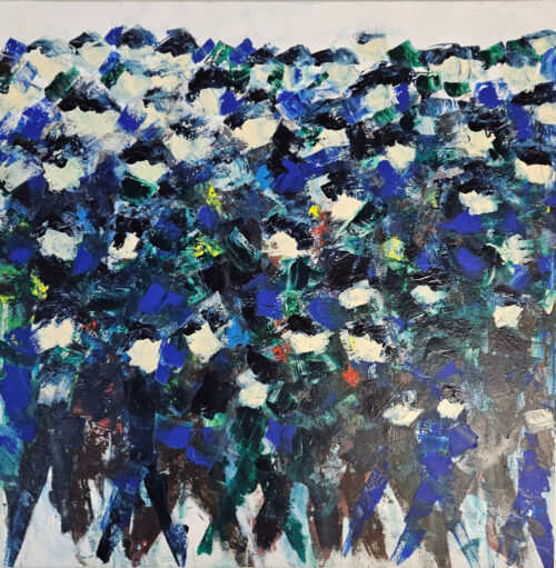 Crowd, men walking, figures in dark blue and green, acrylic painting on canvas, 100x100 cm.