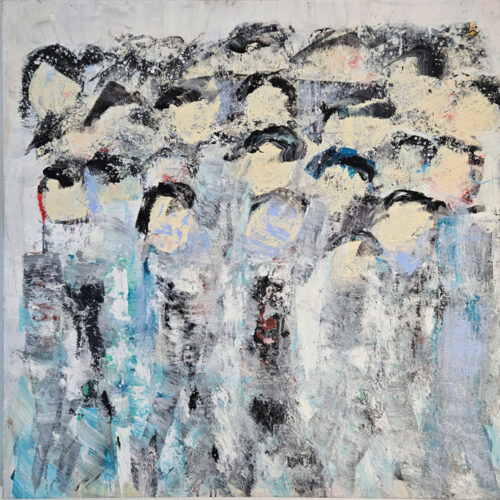 Crowd, men walking, light blue figures, acrylic painting on canvas, 100x100 cm.