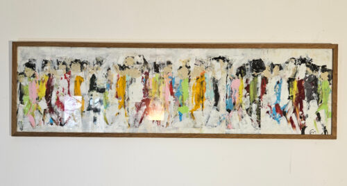 Men walking, crowd, figures, under glass, acrylic painting on cardboard, 33x110 cm, No. 4.