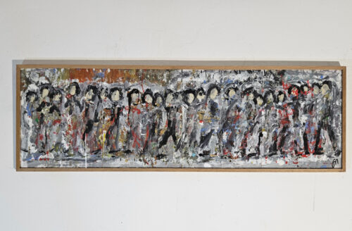 Crowd, men walking, figures, under glass, acrylic painting on cardboard, 33x100 cm, No. 5.
