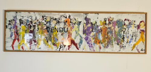 Under glass, men walking, crowd 2: acrylic on cardboard, 33x110 cm.