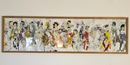 Crowd, men walking, figures, under glass, acrylic painting on cardboard, 33x110 cm, No. 9.