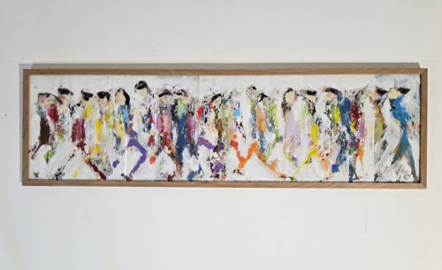 Crowd, men walking, figures, under glass, acrylic painting on cardboard, 33x110 cm, No. 8.
