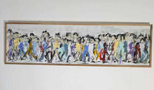 Crowd, men walking, figures, under glass, acrylic painting on cardboard, 33x110 cm, No. 7.