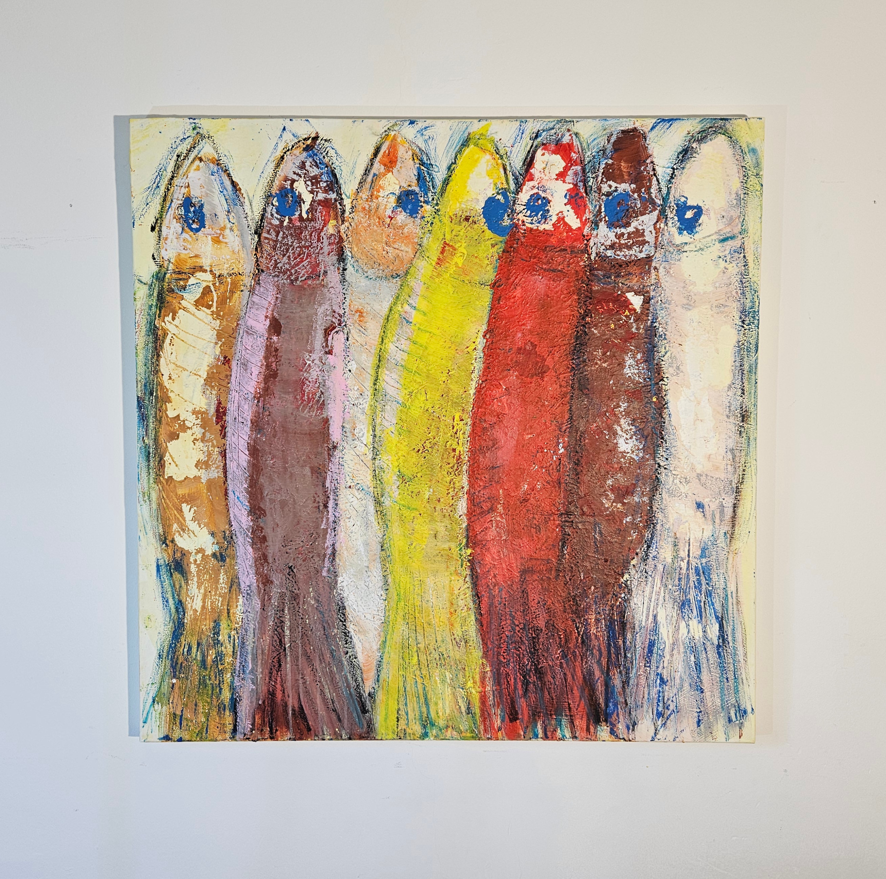 Yellow, red, and purple sardines, acrylic painting on canvas, 100x100 cm. - Image 2