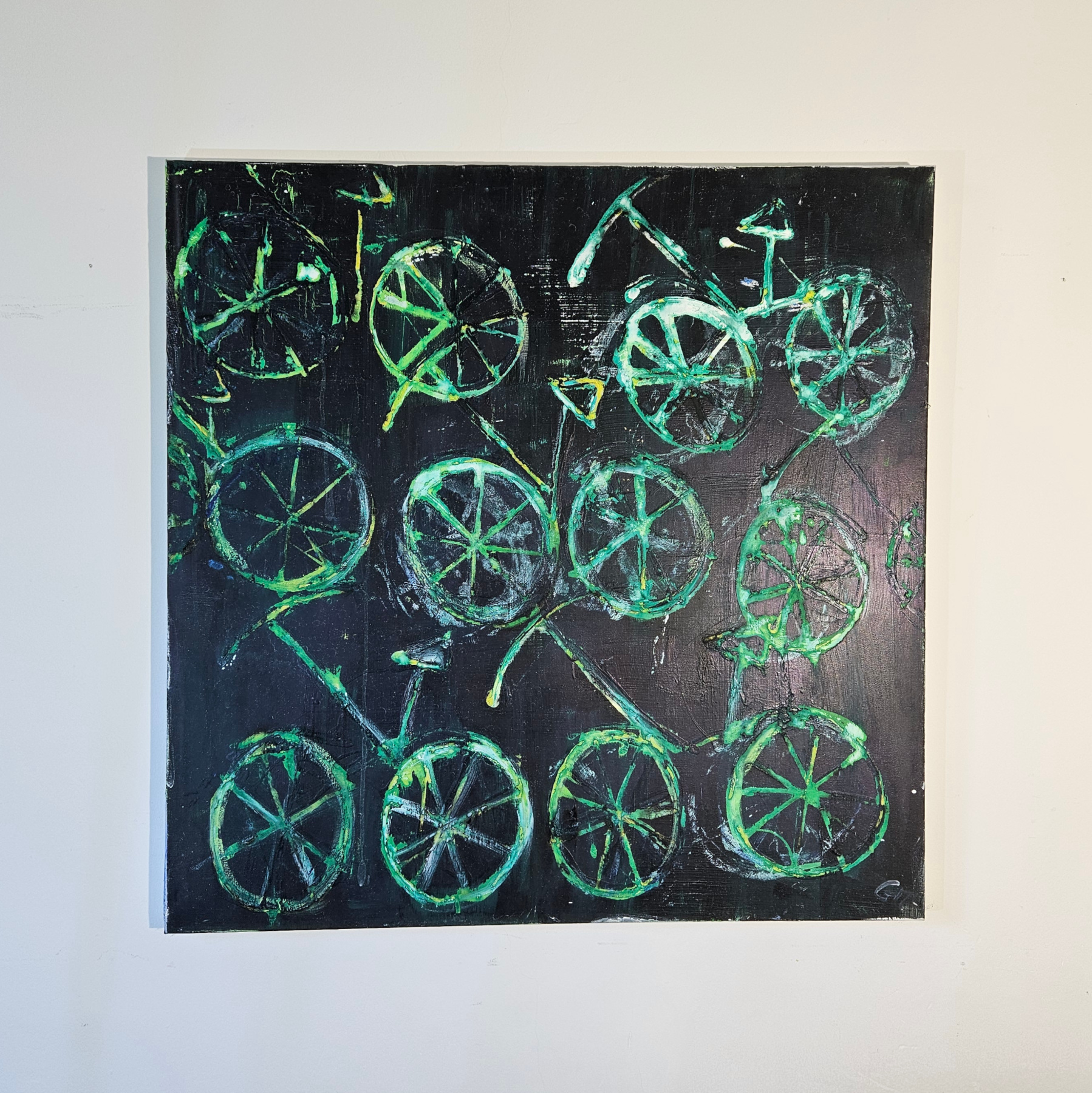 Bicycles, white bikes on a green background, modern acrylic painting on canvas, 100x100 cm - Image 2