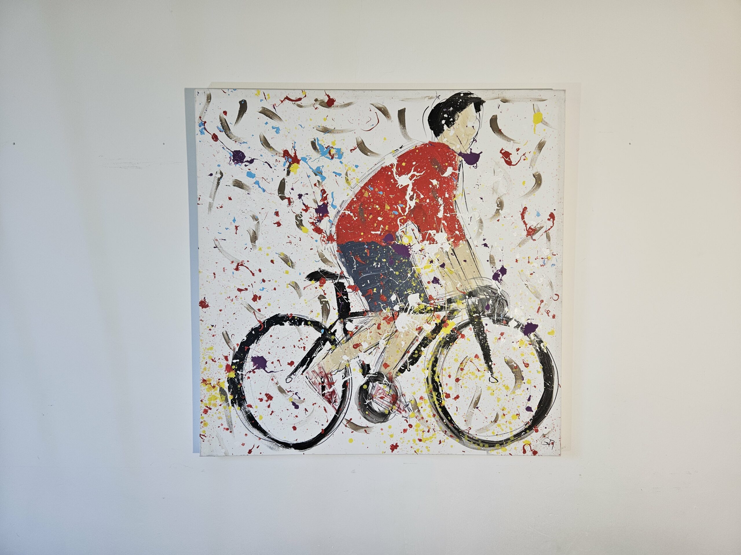 Bicycle, cyclist in a red jersey, modern acrylic painting on canvas, 100x100 cm. - Image 2