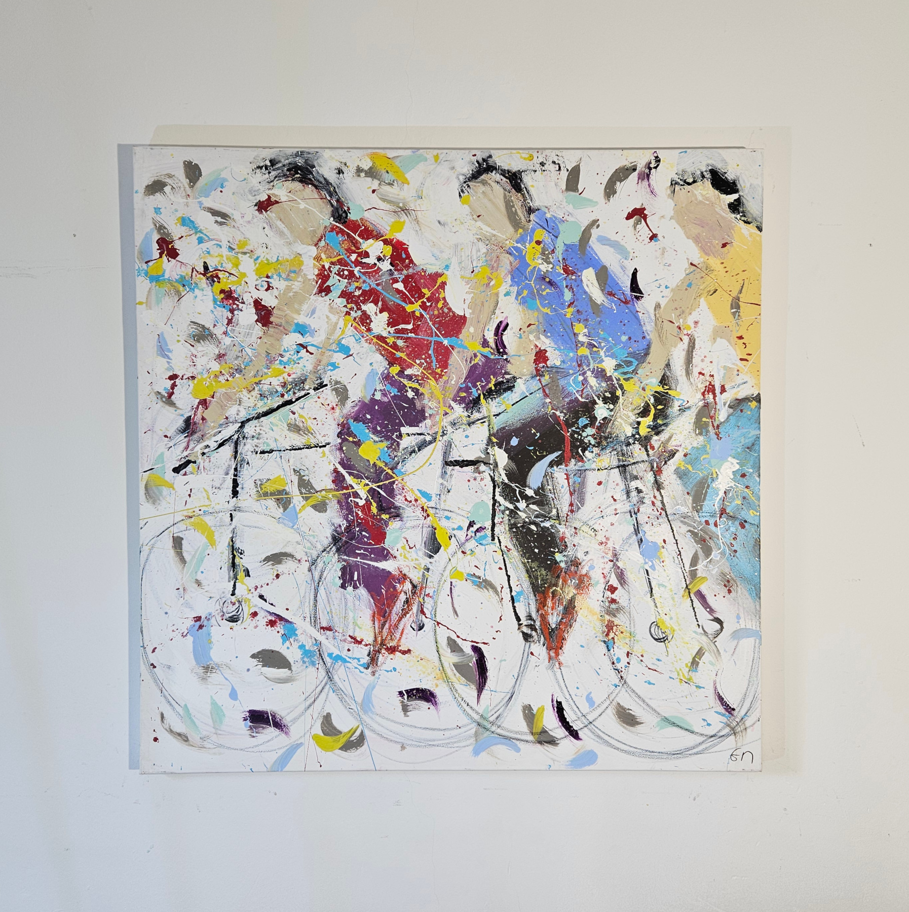 Bicycle, racing cyclists, acrylic painting on canvas, 100x100 cm - Image 2