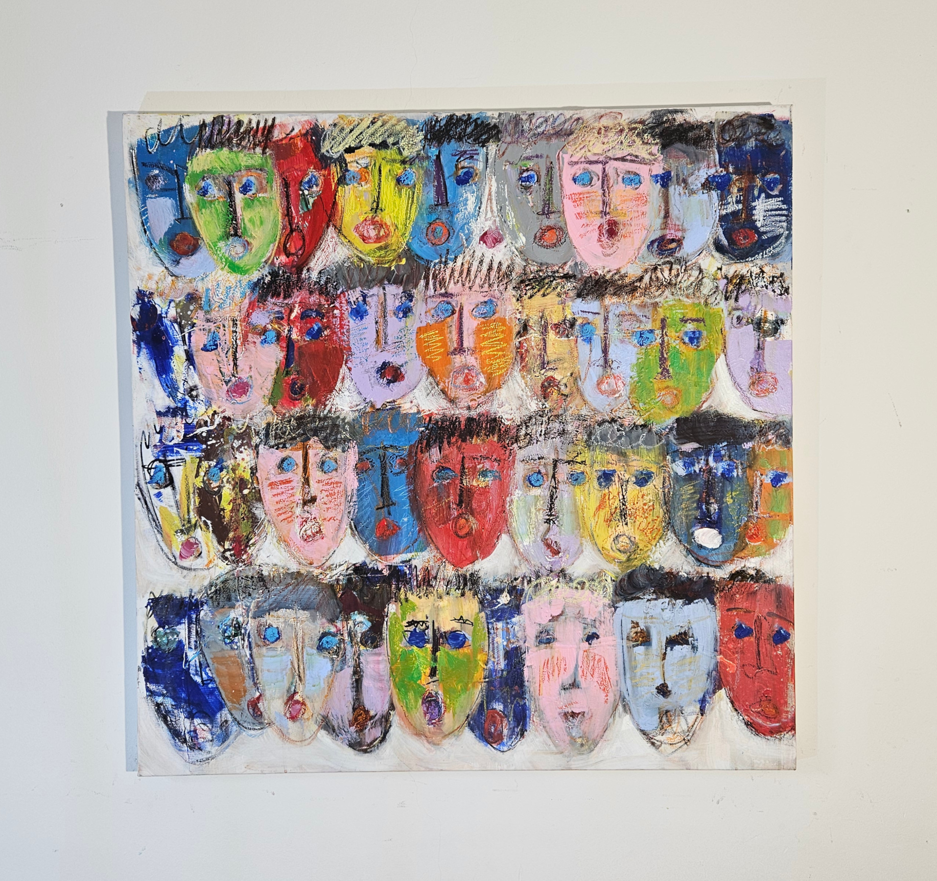 Multi-heads in red, pink, and blue, acrylic painting on canvas, 100×100 cm. - Image 2