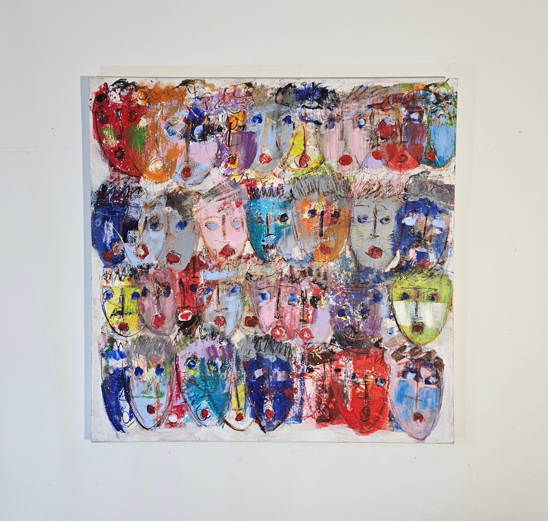 Multicolored Heads in Red and Blue, acrylic on canvas, 100x100 cm - Image 2